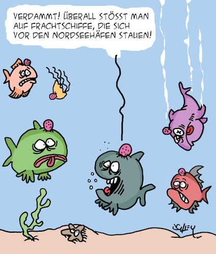 Cartoon: Staus (medium) by Karsten Schley tagged frachtschiffstau,lieferketten,transport,versorgungssicherheit,verbraucher,wirtschaft,krise,inflation,warenknappheit,politik,gesellschaft,frachtschiffstau,lieferketten,transport,versorgungssicherheit,verbraucher,wirtschaft,krise,inflation,warenknappheit,politik,gesellschaft