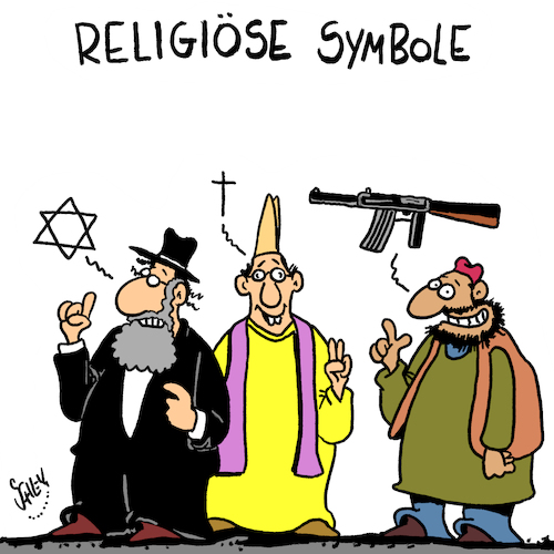 Cartoon: Symbole (medium) by Karsten Schley tagged religion,symbole,terrorismus,gewalt,extremismus,islam,fanatismus,kriminalität,politik,sicherheit,gesellschaft,deutschland,europa,religion,symbole,terrorismus,gewalt,extremismus,islam,fanatismus,kriminalität,politik,sicherheit,gesellschaft,deutschland,europa