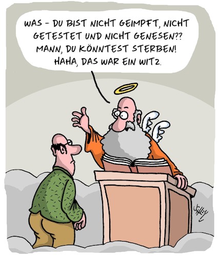 Cartoon: Todesgefahr!! (medium) by Karsten Schley tagged corona,impfungen,impfverweigerer,tests,gesundheit,tod,himmelstor,religion,gesellschaft,politik,corona,impfungen,impfverweigerer,tests,gesundheit,tod,himmelstor,religion,gesellschaft,politik