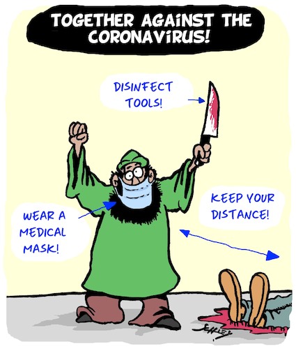 Cartoon: Together against the Coronavirus (medium) by Karsten Schley tagged corona,society,distance,medical,masks,health,pandemic,religion,corona,society,distance,medical,masks,health,pandemic,religion