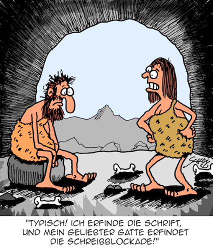 Cartoon: Typisch! (medium) by Karsten Schley tagged männer,frauen,liebe,ehe,beziehungen,historisches,steinzeit,erfindungen,verhalten,gesellschaft,männer,frauen,liebe,ehe,beziehungen,historisches,steinzeit,erfindungen,verhalten,gesellschaft