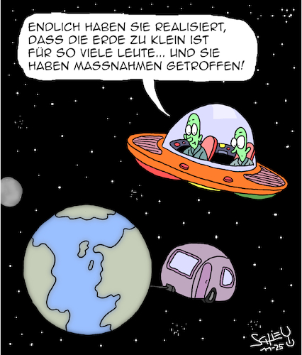Cartoon: Überbevölkerung (medium) by Karsten Schley tagged überbevölkerung,menschheit,erde,weltraum,wissenschaft,forschung,medien,aliens,scifi,camping,wohnwagen,politik,gesellschaft,überbevölkerung,menschheit,erde,weltraum,wissenschaft,forschung,medien,aliens,scifi,camping,wohnwagen,politik,gesellschaft