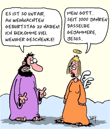 Cartoon: Unfair! (medium) by Karsten Schley tagged geburtstag,weihnachten,christentum,glaube,religion,bibel,jesus,feiertage,geburtstag,weihnachten,christentum,glaube,religion,bibel,jesus,feiertage