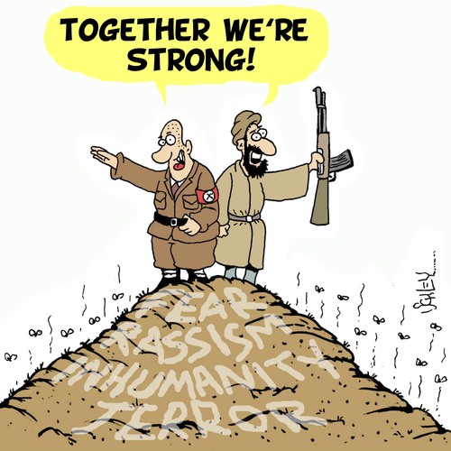 Cartoon: United in Hate (medium) by Karsten Schley tagged fascism,fundamentalists,jihadists,islam,religion,politics,terror,hate,racism,fascism,fundamentalists,jihadists,islam,religion,politics,terror,hate,racism