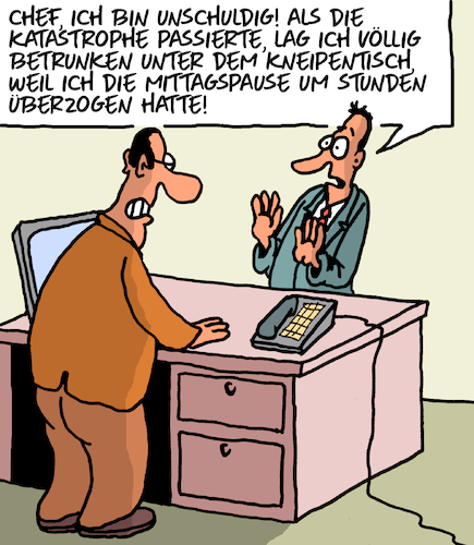 Cartoon: Unschuldig!! (medium) by Karsten Schley tagged verantwortung,katastrophen,wirtschaft,business,pleiten,umsätze,misserfolg,arbeitgeber,arbeitnehmer,mittagspausen,arbeitszeiten,disziplin,gesellschaft,verantwortung,katastrophen,wirtschaft,business,pleiten,umsätze,misserfolg,arbeitgeber,arbeitnehmer,mittagspausen,arbeitszeiten,disziplin,gesellschaft