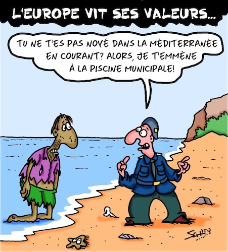 Cartoon: Valeurs (medium) by Karsten Schley tagged immigration,refugies,politique,europe,guerre,fuite,valeurs,nationalisme,immigration,refugies,politique,europe,guerre,fuite,valeurs,nationalisme