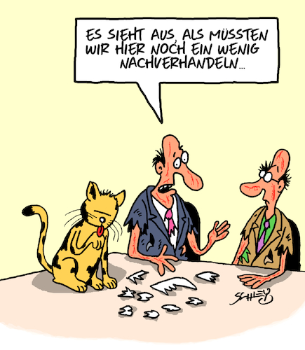 Cartoon: Verhandlungssache (medium) by Karsten Schley tagged verhandlungen,verträge,vertragspartner,wirtschaft,vertrieb,business,außendienstmitarbeiter,erfolg,umsatz,katzen,verhandlungen,verträge,vertragspartner,wirtschaft,vertrieb,business,außendienstmitarbeiter,erfolg,umsatz,katzen