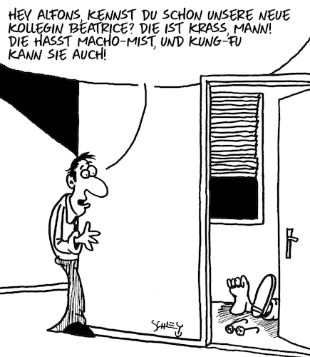 Cartoon: Voll krass! (medium) by Karsten Schley tagged männer,frauen,arbeit,büro,machos,übergriffig,kampfsport,gleichberechtigung,gesellschaft,männer,frauen,arbeit,büro,machos,übergriffig,kampfsport,gleichberechtigung,gesellschaft