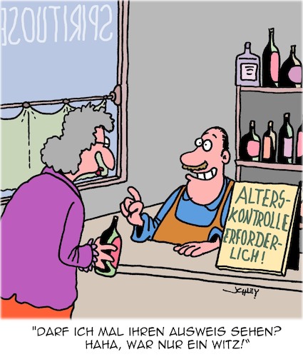 Cartoon: Volljährigkeit (medium) by Karsten Schley tagged alkohol,volljährigkeit,business,verkäufer,alter,männer,frauen,gesetze,vorschriften,politik,alkohol,volljährigkeit,business,verkäufer,alter,männer,frauen,gesetze,vorschriften,politik