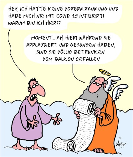 Cartoon: Vorerkrankung (medium) by Karsten Schley tagged covid,19,gesundheit,vorerkrankungen,tod,alkohol,religion,paradies,himmel,politik,gesellschaft,covid,19,gesundheit,vorerkrankungen,tod,alkohol,religion,paradies,himmel,politik,gesellschaft