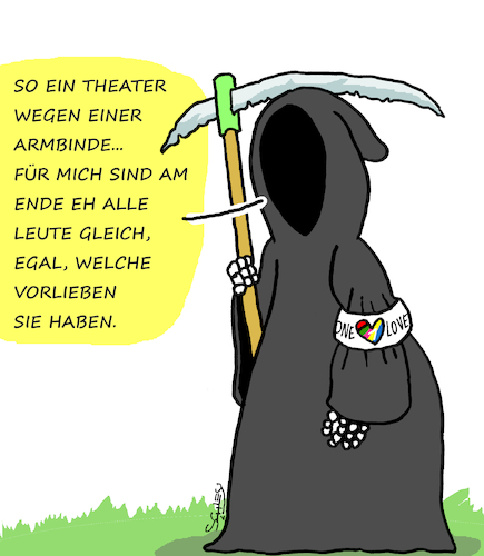 Cartoon: Vorlieben (medium) by Karsten Schley tagged armbinde,fifa,fußball,katar,vorlieben,leben,tod,queer,medien,religion,islam,gesellschaft,armbinde,fifa,fußball,katar,sex,vorlieben,leben,tod,queer,medien,religion,islam,gesellschaft