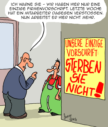 Cartoon: Vorschriften (medium) by Karsten Schley tagged vorschriften,industrie,produktion,regeln,arbeitgeber,arbeitnehmer,sicherheit,leben,tod,wirtschaft,fabriken,gesundheit,gesellschaft,vorschriften,industrie,produktion,regeln,arbeitgeber,arbeitnehmer,sicherheit,leben,tod,wirtschaft,fabriken,gesundheit,gesellschaft