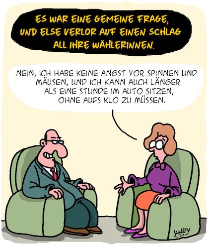 Cartoon: Wählerinnen (medium) by Karsten Schley tagged politik,wahlen,medien,interviews,fangfragen,männer,frauen,gesellschaft,politik,wahlen,medien,interviews,fangfragen,männer,frauen,gesellschaft