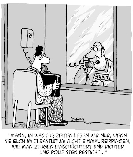 Cartoon: Was für Zeiten! (medium) by Karsten Schley tagged anwälte,strafverteidiger,jurastudium,justiz,gefängnisse,verurteilte,richter,polizei,zeugen,kriminalität,bestechung,gesellschaft,anwälte,strafverteidiger,jurastudium,justiz,gefängnisse,verurteilte,richter,polizei,zeugen,kriminalität,bestechung,gesellschaft