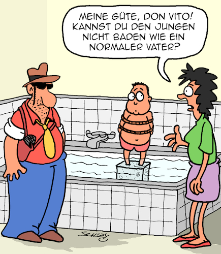 Cartoon: Wie ein normaler Vater (medium) by Karsten Schley tagged väter,söhne,eltern,kinder,mafia,familien,baden,gesellschaft,kriminalität,medien,literatur,filme,väter,söhne,eltern,kinder,mafia,familien,baden,gesellschaft,kriminalität,medien,literatur,filme