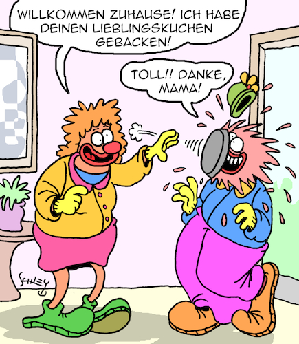 Cartoon: Willkommen zuhause (medium) by Karsten Schley tagged eltern,kinder,familie,zuhause,liebe,mütter,söhne,kuchen,clowns,gesellschaft,eltern,kinder,familie,zuhause,liebe,mütter,söhne,kuchen,clowns,gesellschaft