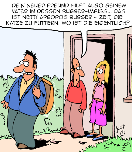 Cartoon: Wo ist sie? (medium) by Karsten Schley tagged katzen,freunde,väter,töchter,söhne,familie,liebe,beziehungen,gastronomie,ernährung,business,katzen,freunde,väter,töchter,söhne,familie,liebe,beziehungen,gastronomie,ernährung,business