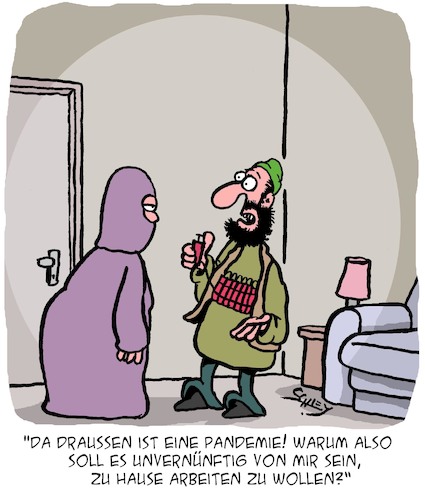 Cartoon: Zu Hause arbeiten (medium) by Karsten Schley tagged corona,arbeit,heimarbeit,religion,terrorismus,gesundheit,männer,frauen,ehe,vernunft,jobs,kriminalität,gesellschaft,corona,arbeit,heimarbeit,religion,terrorismus,gesundheit,männer,frauen,ehe,vernunft,jobs,kriminalität,gesellschaft