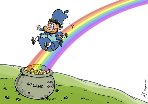 Cartoon: Appleprechaun finds tax gold (medium) by rodrigo tagged apple,ireland,tax,fiscal,policy,finance,leprechaun,gold,pot