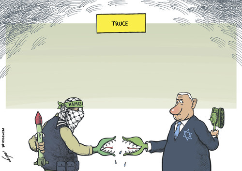 Cartoon: Cannibal ceasefire (medium) by rodrigo tagged israel,palestine,hamas,truce,ceasefire,conflict,war,terrorism,netanyahu,bomb
