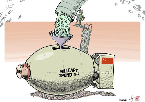 Cartoon: China ups military spend (medium) by rodrigo tagged china,military,spending,arms,army,navy,air,force,war,budget,bomb