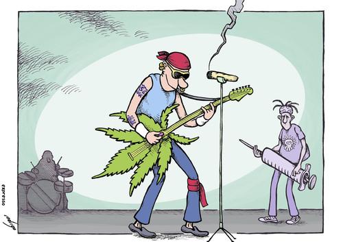Cartoon: Drugs drugs and rock n roll (medium) by rodrigo tagged drugs,music,summer,festivals,youth,adiction,cannabis,heroin,ecstasy,pot