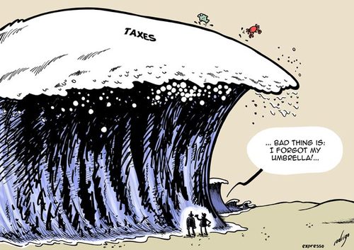 Cartoon: Fiscal Tsunami (medium) by rodrigo tagged taxes,tax,fiscal,income,economy,crisis,finance,payers,tsunami