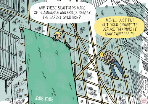 Cartoon: Incendiary laxity (medium) by rodrigo tagged hongkong,fire,international,society,tragedy,alarm,construction,bamboo,scaffolding,materials,buildings,renovation,negligence,crime,deathtoll,manslaughter,hongkong,fire,international,society,tragedy,alarm,construction,bamboo,scaffolding,materials,buildings,renovation,negligence,crime,deathtoll,manslaughter