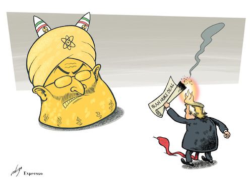 Cartoon: Iranukes (medium) by rodrigo tagged iran,nuclear,power,plant,bomb,us,hassan,rouhani,donald,trump,warfare,hbomb