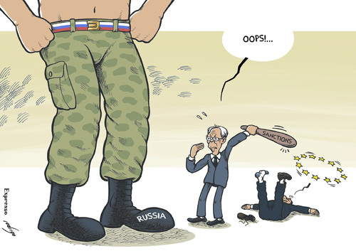 Cartoon: It will hurt me more... (medium) by rodrigo tagged russia,europe,european,union,eu,ukraine,sanctions,putin,van,rompuy,barroso