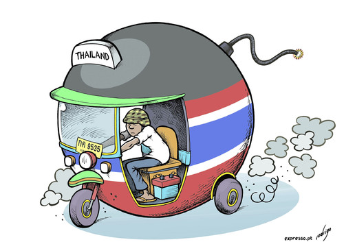 Cartoon: Martial Thailaw (medium) by rodrigo tagged thailand,martial,law,protests,riots,tuktuk,bomb