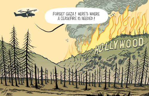 Cartoon: No cease to this fire (medium) by rodrigo tagged usa,california,losangeles,fire,firefighters,people,wildfires,dead,israel,hamas,agreement,ceasefire,war,gaza,international,politics,middleeast,usa,california,losangeles,fire,firefighters,people,wildfires,dead,israel,hamas,agreement,ceasefire,war,gaza,international,politics,middleeast