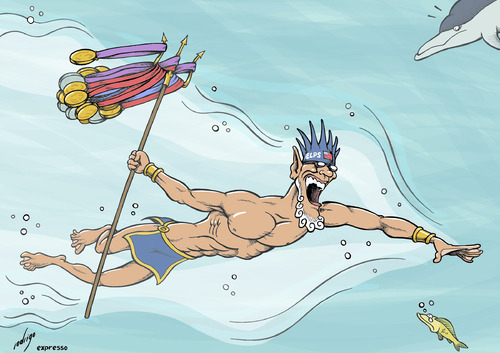 Cartoon: Olymphelps (medium) by rodrigo tagged olympic,games,swimming,world,record,michael,phelps,usa,gold,medal