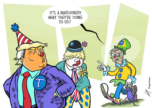 Cartoon: Outmoded clowns (medium) by rodrigo tagged brazil,bolsonaro,lula,election,president,leader,populist,science,environment,guns,right,trump,boris,jair,donald,johnson,usa,uk,politics,populism,clown