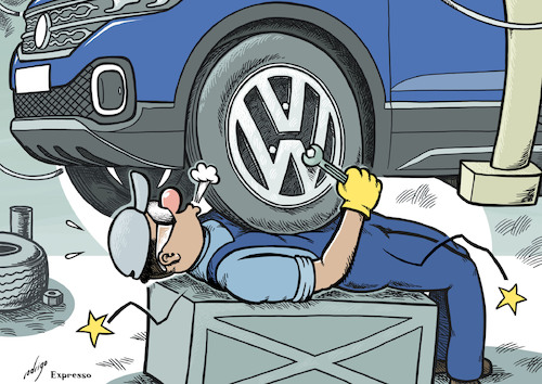 Cartoon: Overworkswagen (medium) by rodrigo tagged auto,industry,volkswagen,work,employees,workers,overwork,strike,pay,layoff
