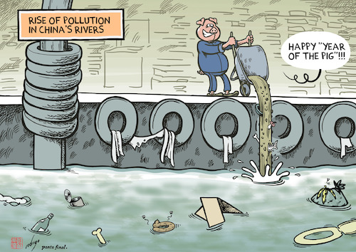 Cartoon: Porkllution (medium) by rodrigo tagged china,economy,industry,pollution,water,rivers,sea,plastic
