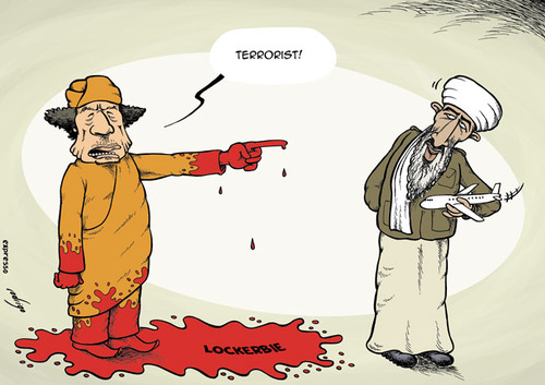 Cartoon: Relative terrorism (medium) by rodrigo tagged terror,qaeda,al,laden,bin,osama,lockerbie,libya,gaddafi,gadaffi,muammar,colonel