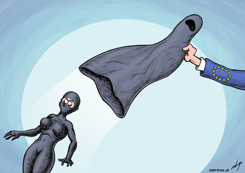 Cartoon: The cultural veil (medium) by rodrigo tagged islam,women,veil,burqa,niqab,quran,koran,muslim,france,spain,europe,european,union,eu