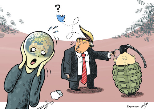 Cartoon: Trumplomacy (medium) by rodrigo tagged north,korea,war,bomb,us,united,states,usa,donald,trump,diplomacy,world,fear,scream,twitter