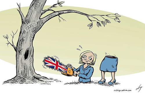 Cartoon: What a trussedy! (medium) by rodrigo tagged uk,britain,truss,liz,prime,minister,pm,taxes,market,conservative,party,boris,johnson,politics,london,cuts,resignation,tories,crisis,deficit,economy,finance,brexit