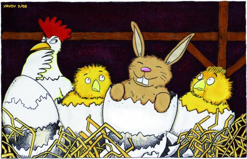 Cartoon: Osterküken (medium) by Yavou tagged kartunz,yavou,cartoon,easter,hahn,hühner,küken,kaninchen,osterhase,ostern,osterhase,ostern,hase,kaninchen,tier,tiere,sex,sexualität,karotten,stall,huhn,hühner,küken,ei,nachwuchs,geburt,überraschung,kuckuckskind