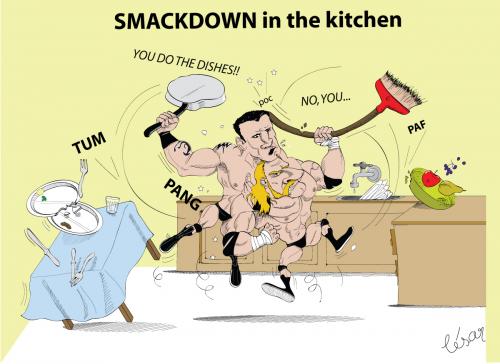 Cartoon: Smackdown in the kitchen (medium) by besereno tagged wrestlers,randy,orton,triple