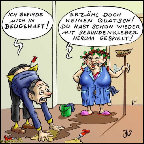 Cartoon: Beugehaft! (medium) by KritzelJo tagged sekundenkleber,beugehaft,mann,frau,besen,eimer