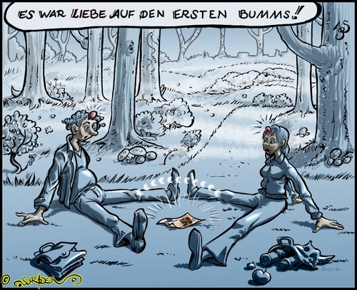 Cartoon: Liebe auf den ersten Bumms. (medium) by KritzelJo tagged nebel,wald,liebe,paar,fünfziger,euroschein,waldweg