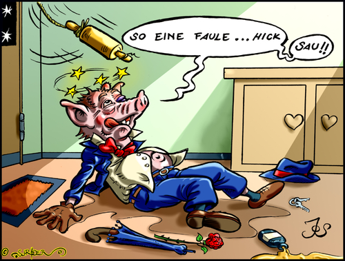 Cartoon: So eine faule Sau!! (medium) by KritzelJo tagged rose,regenschirm,nudelholz,besoffen,sau,schwein,hut,flasche