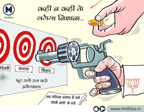 Cartoon: BJP Slogan_Goli Maaro (medium) by molitics tagged funnypoliticalcartoon2020,indianpoliticalcartoons,politicalcartoons,politicalcaricature,toppoliticalcartoons,caaprotestnrcprotest,cabprotest,amitshah,narendramodi