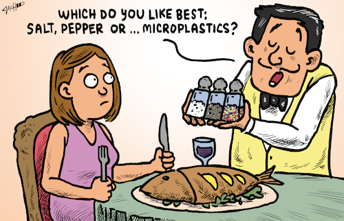 Cartoon: Condiment of Choice (medium) by cartoonistzach tagged microplastics,environment,food,microplastics,environment,food