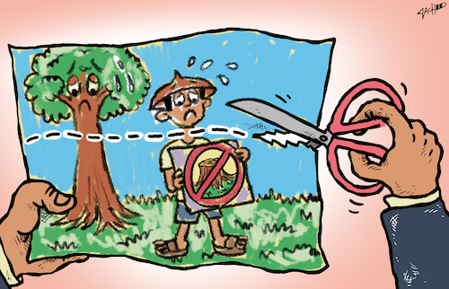 Cartoon: Cut here (medium) by cartoonistzach tagged environment,violence,destruction,scissor,environment,violence,destruction,scissor
