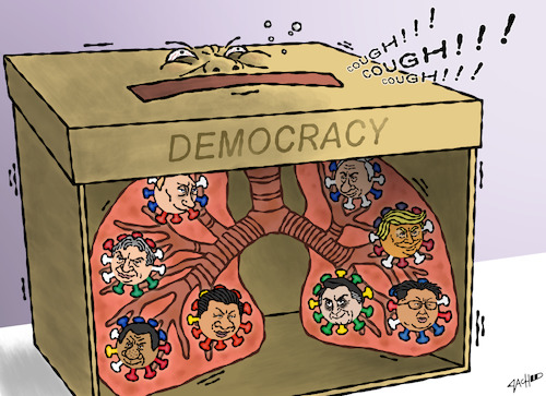 Cartoon: Democracy is Sick Too (medium) by cartoonistzach tagged coronavirus,covid19,politics,health,democracy,freedom,authoritarian,dictator,putin,orban,duterte,xi,jinping,netanyahu,trump,bolsonaro,kim,coronavirus,covid19,politics,health,democracy,freedom,authoritarian,dictator,putin,orban,duterte,xi,jinping,netanyahu,trump,bolsonaro,kim
