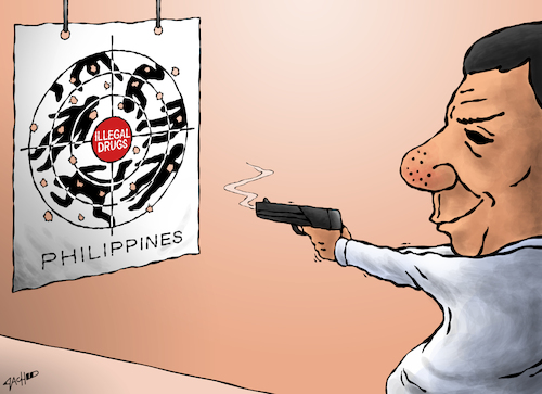 Cartoon: Failure of Philippine Drug War (medium) by cartoonistzach tagged philippines,duterte,drugs,extrajudicial,killing,violence,war,target,shooting,philippines,duterte,drugs,extrajudicial,killing,violence,war,target,shooting